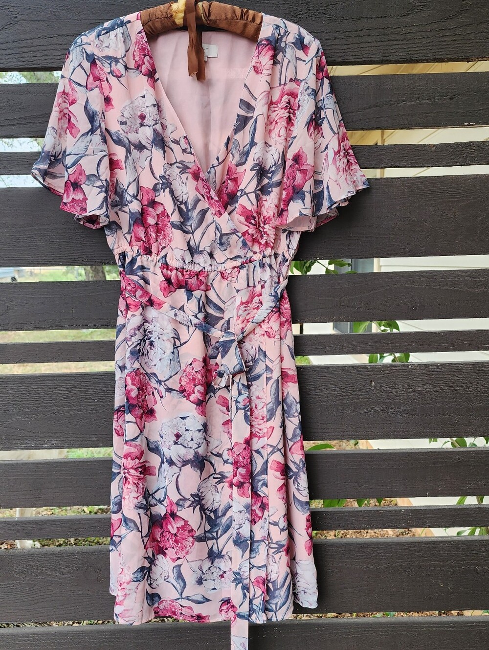 LOFT Pink Floral Faux Wrap Dress Romantic Chic Modest